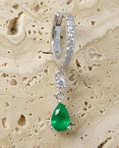 8mm huggie hoop with dangling opaque green pear shape stone.