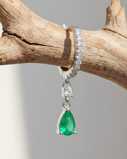 8mm huggie hoop with dangling opaque green pear shape stone.