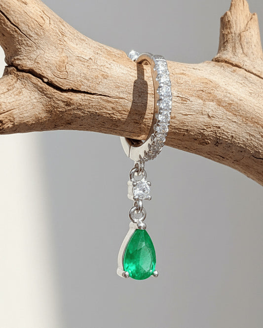 8mm huggie hoop with dangling opaque green pear shape stone.
