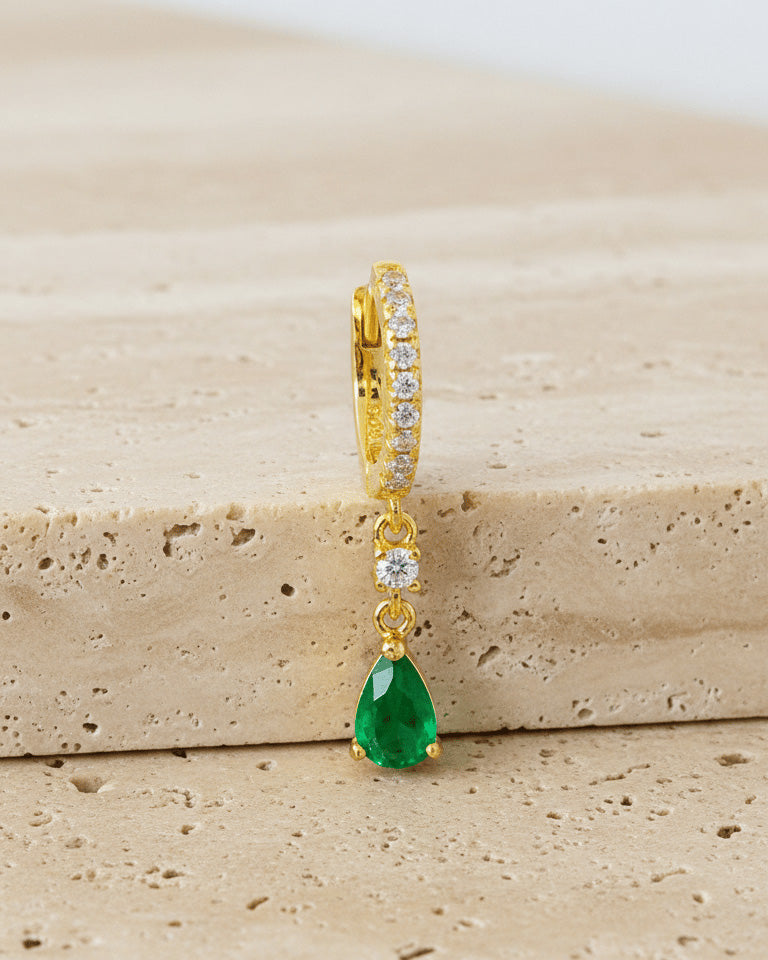 8mm huggie hoop with dangling opaque green pear shape stone.