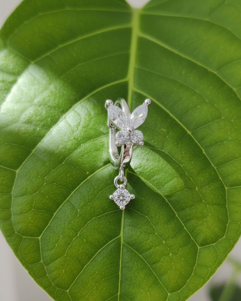 8 mm huggie hoop butterfly earring with dangling round CZ stone.