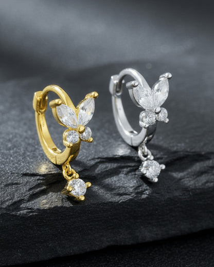 8 mm huggie hoop butterfly earring with dangling round CZ stone.