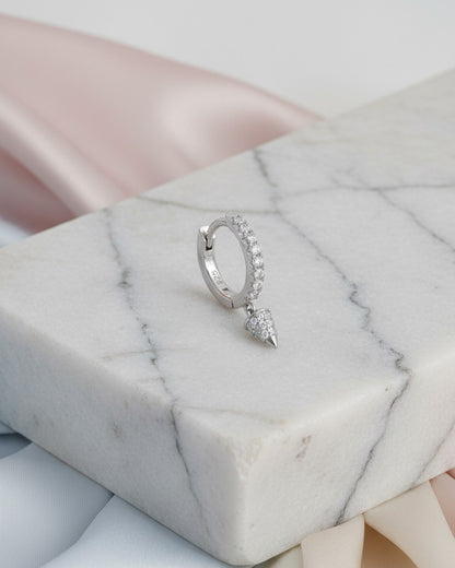 8 mm CZ hoop with dangling cone shape.
