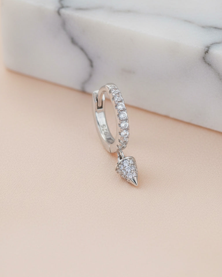 8 mm CZ hoop with dangling cone shape.