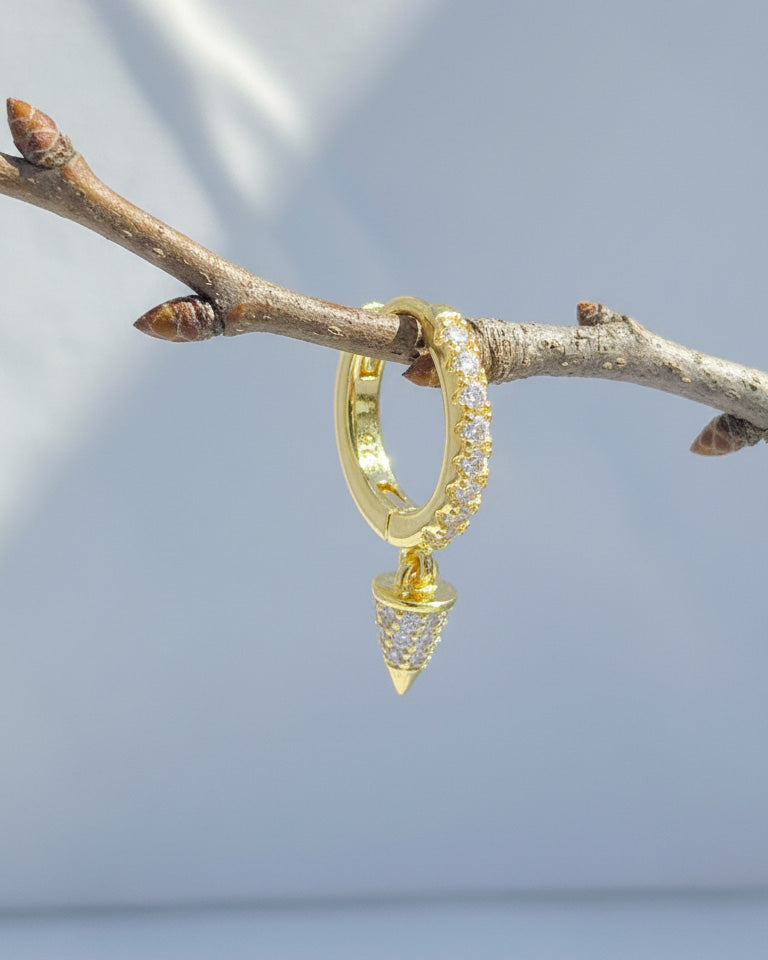 8 mm CZ hoop with dangling cone shape.