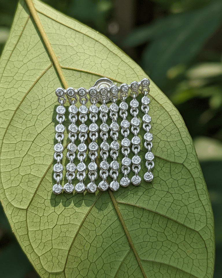 dangling lines of round stones in bezel setting stud earring.