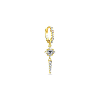 CZ luxury hoop earring with dangling rectangular stone and graduated round stones.