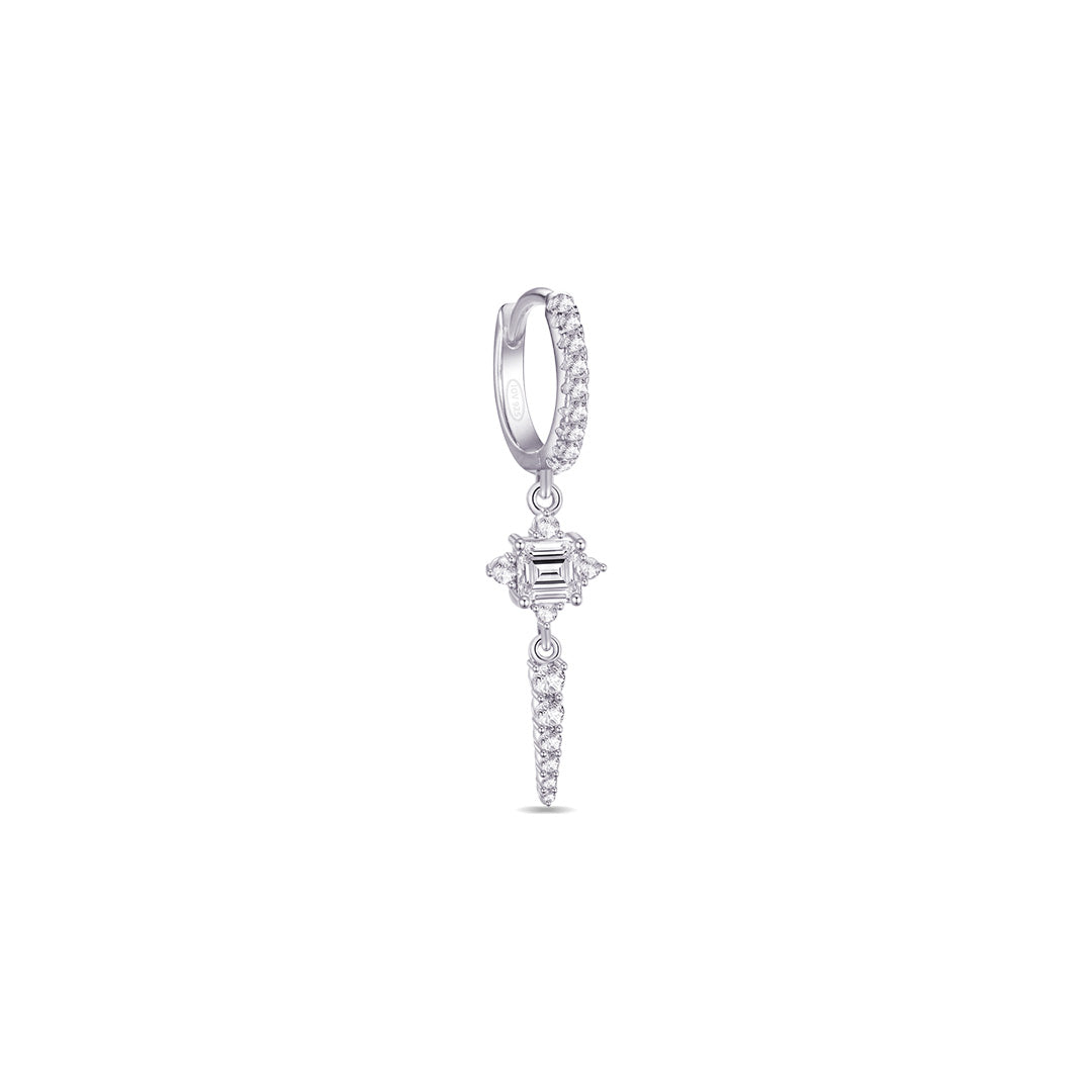 CZ luxury hoop earring with dangling rectangular stone and graduated round stones.