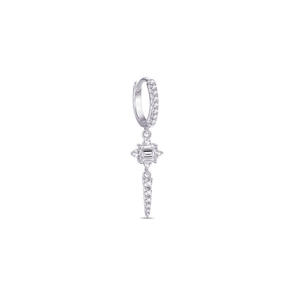 CZ luxury hoop earring with dangling rectangular stone and graduated round stones.