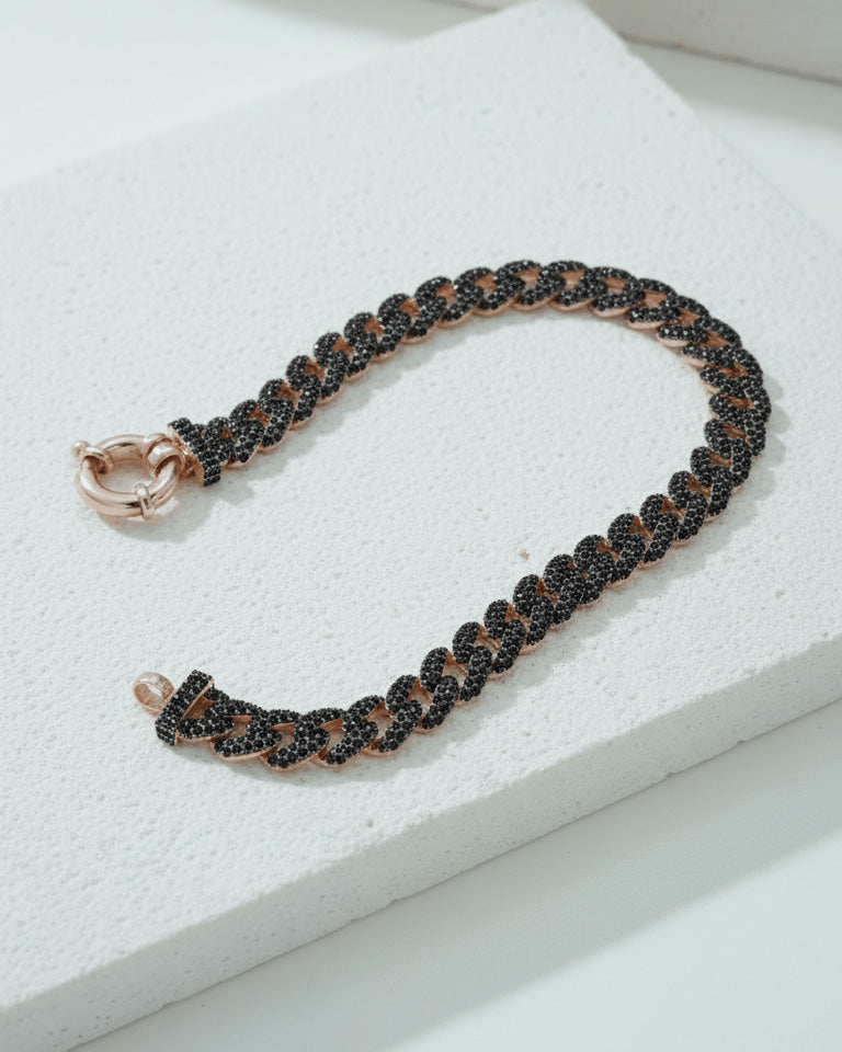 rosegold curb chain bracelet with black CZ.
