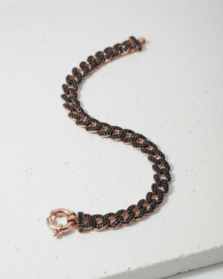 rosegold curb chain bracelet with black CZ.