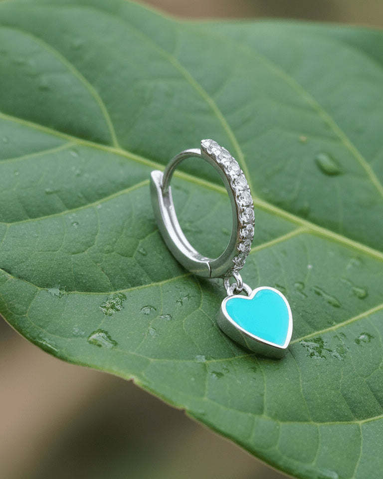 turquoise and pink enamel huggie hoop earrings.