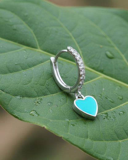 turquoise and pink enamel huggie hoop earrings.