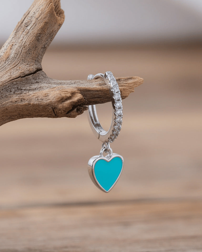 turquoise and pink enamel huggie hoop earrings.