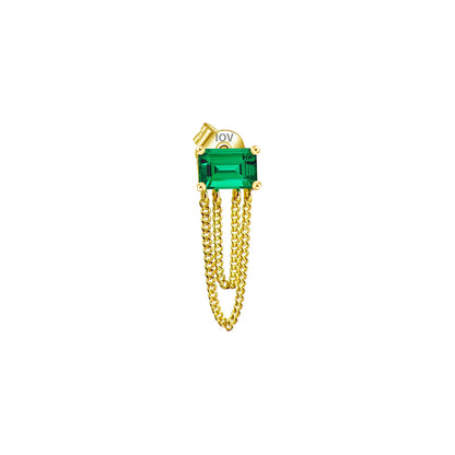 emerald color stud earring with double dangling chain.