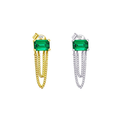 emerald color stud earring with double dangling chain.