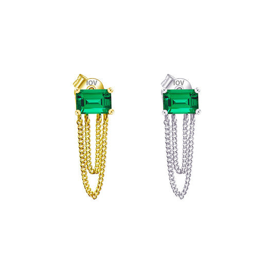 emerald color stud earring with double dangling chain.