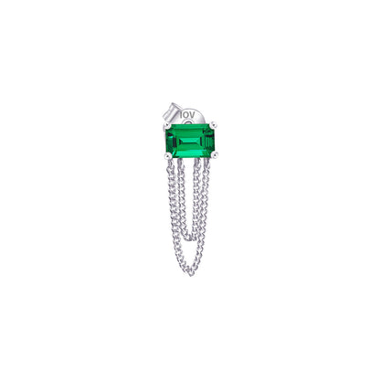 emerald color stud earring with double dangling chain.