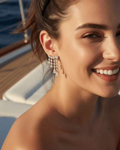 dangling round and fancy shape stones in prong setting stylish earring.
