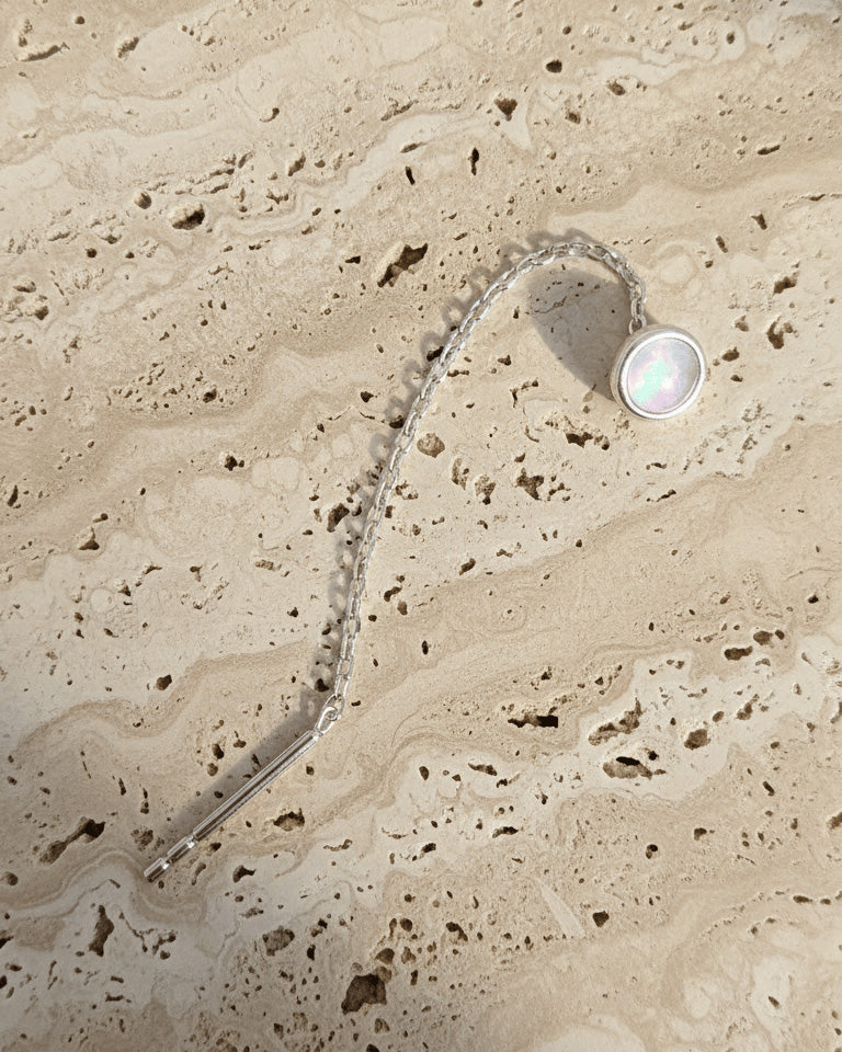 MOP disc shape in bezel setting threader earring.