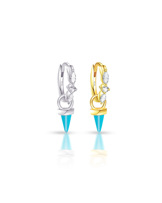 huggie hoop earring studded with marquise and round stones with removable dangling turquoise cone shape.