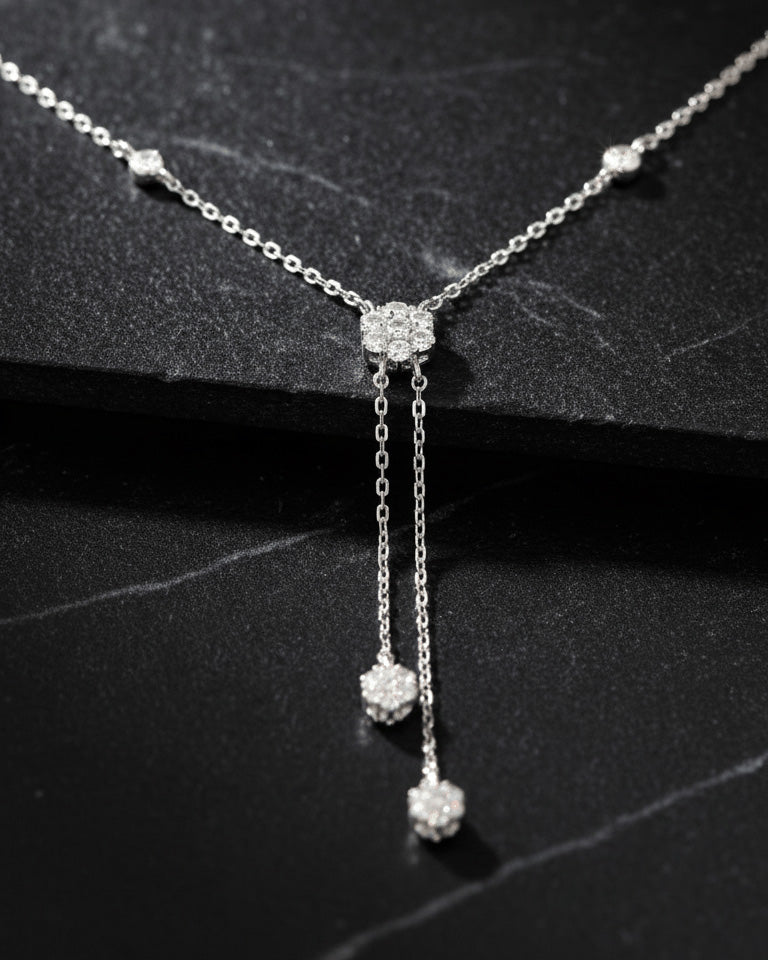 CZ round cluster Y necklace with two graduated danglings.