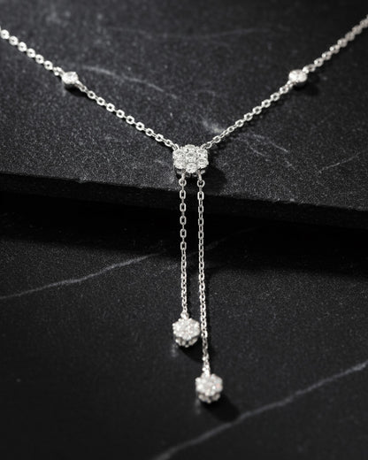 CZ round cluster Y necklace with two graduated danglings.