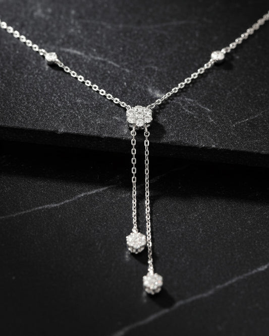 CZ round cluster Y necklace with two graduated danglings.