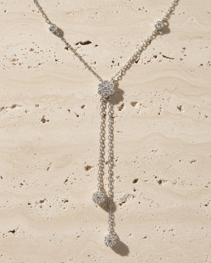 CZ round cluster Y necklace with two graduated danglings.