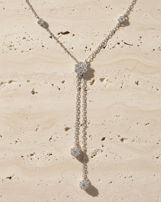 CZ round cluster Y necklace with two graduated danglings.