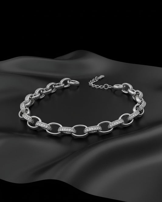 Product Title: Sterling Silver Interlocking Link Bracelet with Pavé CZ Accents.