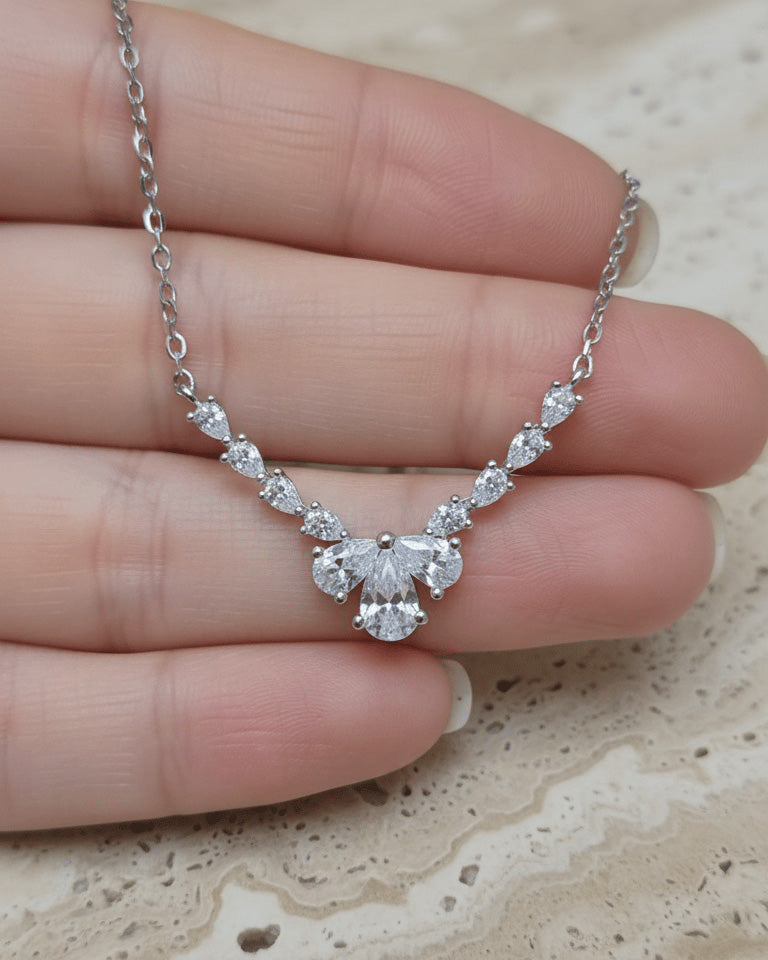 V shape necklace of CZ pear shape stones.