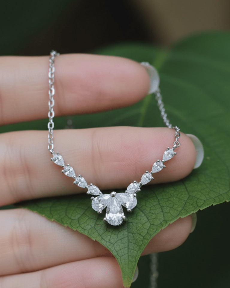 V shape necklace of CZ pear shape stones.