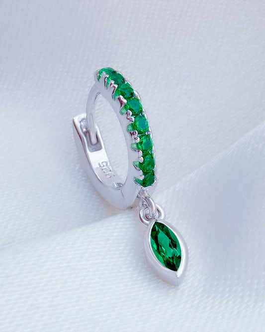 8mm huggie hoop with emerald color CZ and dangling marquise shape green stone.