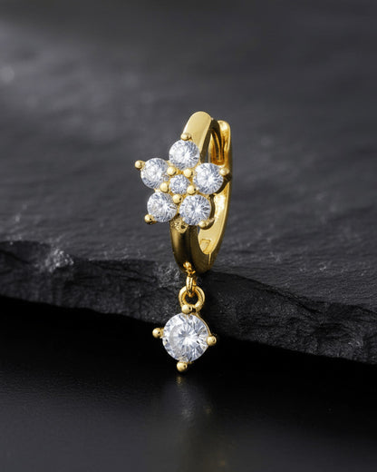 8 mm huggie flower cluster setting huggie hoop earring with dangling stone.