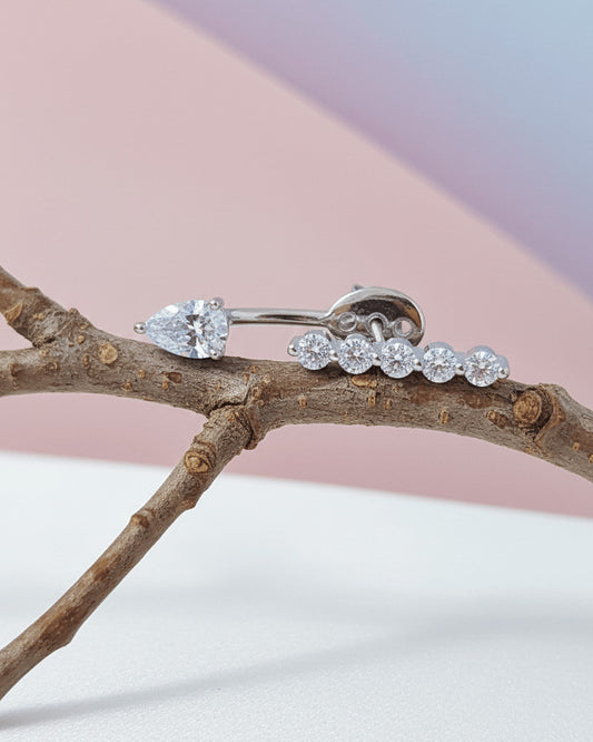 back to front two detached parts with round and pear shapes CZ stud earring.