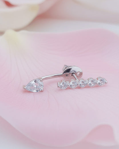 back to front two detached parts with round and pear shapes CZ stud earring.