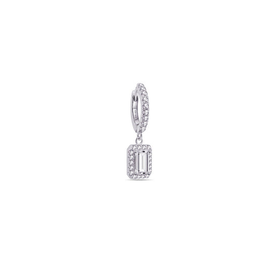 hoop with dangling halo setting rectangular stone.
