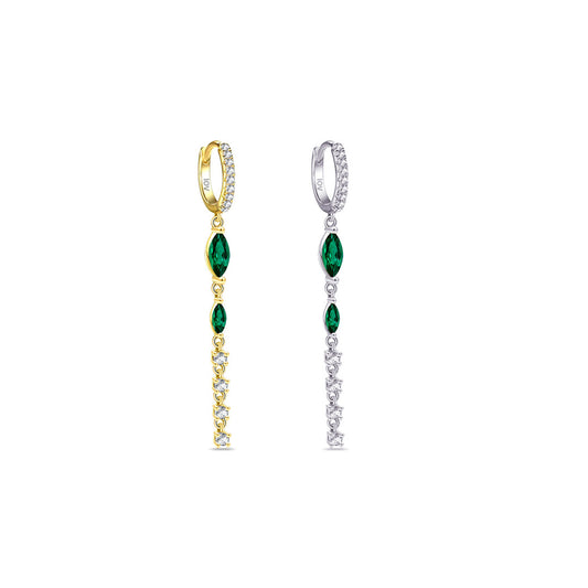 dangling line with two emerald marquise stones hoop.