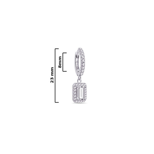 hoop with dangling halo setting rectangular stone.