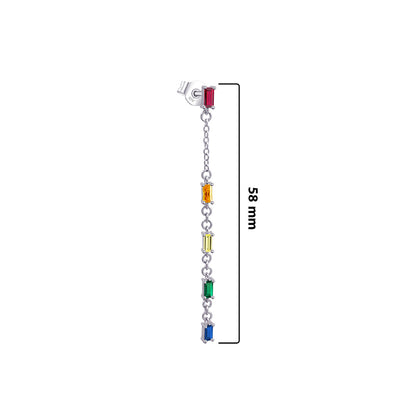 long chain earring with colored baguette stones.