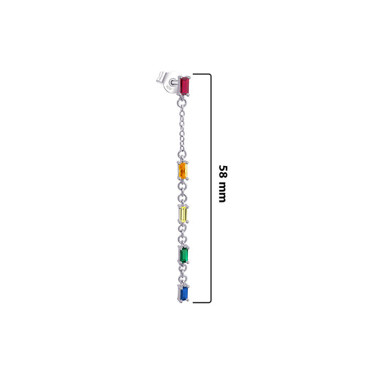 long chain earring with colored baguette stones.