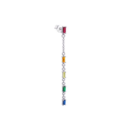 long chain earring with colored baguette stones.