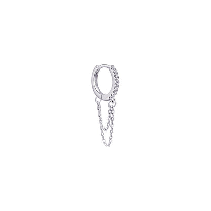 huggie hoop with double dangling chain.