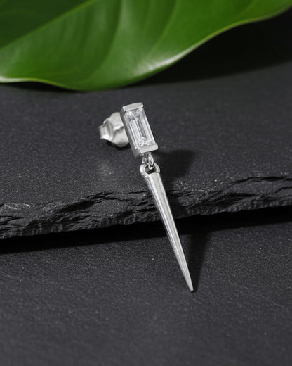 Baguette stone stud earring with dangling cone shape.