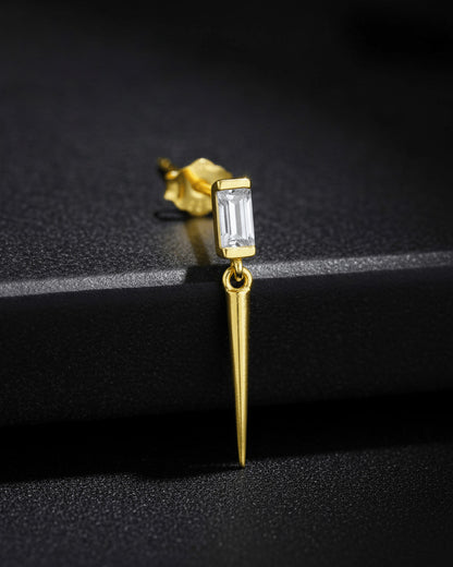 Baguette stone stud earring with dangling cone shape.