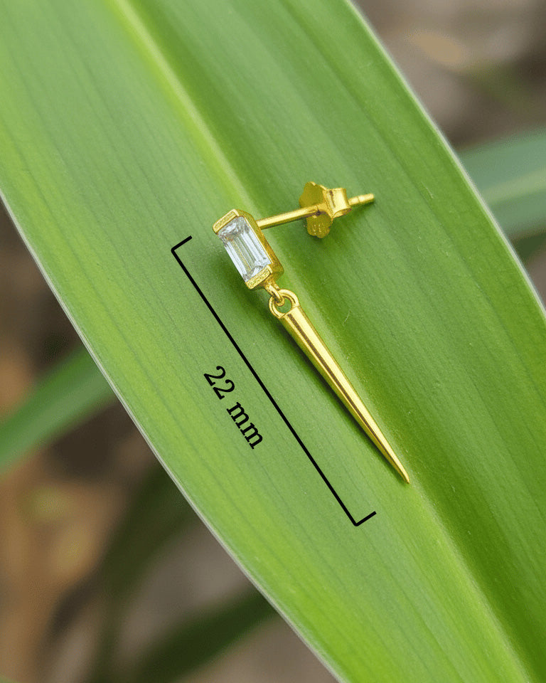 Baguette stone stud earring with dangling cone shape.