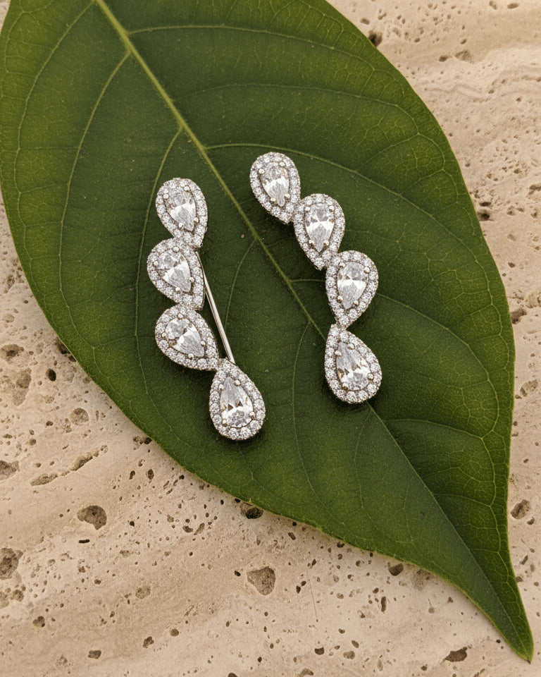pear shapes in halo setting climber earrings