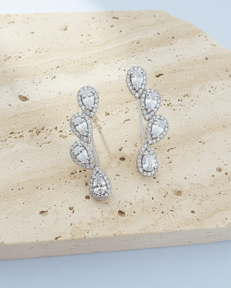 pear shapes in halo setting climber earrings