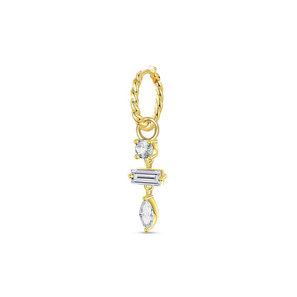 twisted plain huggie hoop with dangling three stones, round, baguette and marquise.